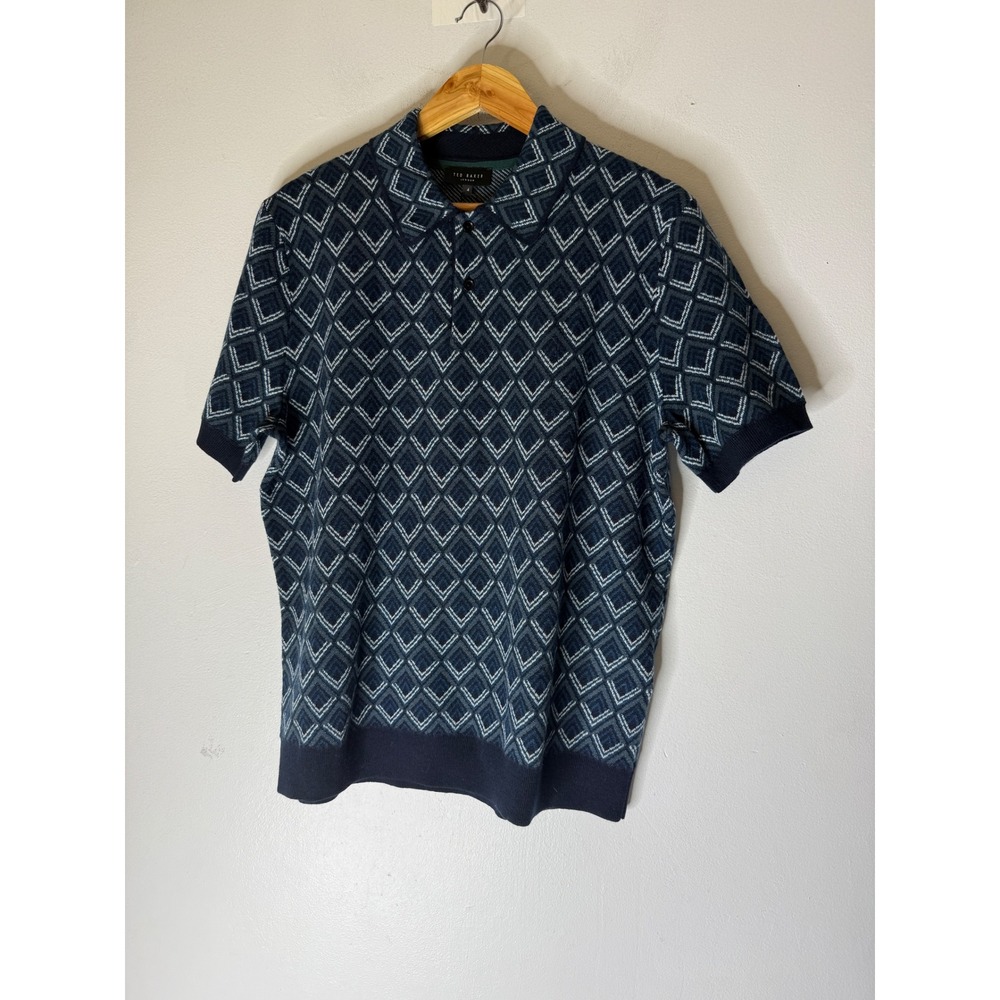 Ted Baker London MELVVIN Navy Geo Jacquard Knit Polo Shirt Size 4 (L) NEW